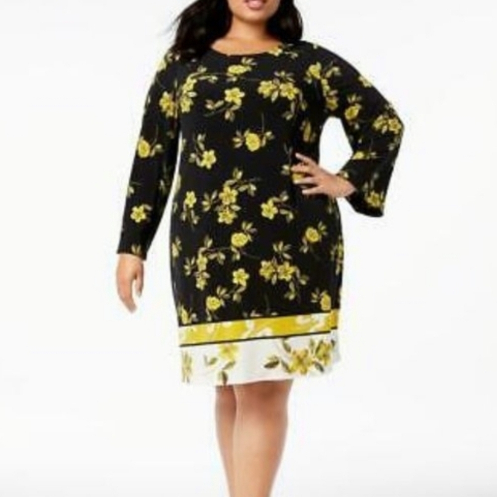 Alfani Petite yellow/black floral long sleeve cottagecore dress. Size 4P